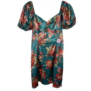 [Flaw Noted] Joyfolie Floral Teal Mini Dress Women’s Small Puff Sleeves Satin
